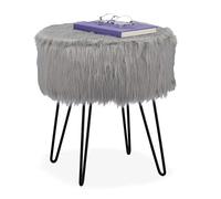 Relaxdays Fur Stool, Padded Plush, Round, Metal Frame, Dressing Table, HxD: 41 x 37 cm, Grey/Black, Fibreboard, 41x37x37 cm