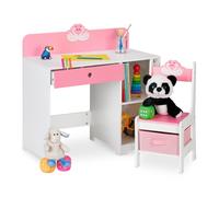 Relaxdays Children's Furniture Set, Table & Stool, Play & Storage, Open Shelves & Drawers, 79.5 x 80 x 40 cm, White/Pink, Fibreboard