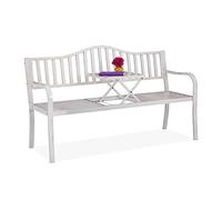 Relaxdays Garden Bench with Folding Table, 3 Seater, Garden, Metal Balcony Bench, H x D 89 x 150 x 58.5 cm, White Bronze
