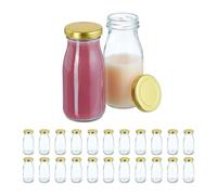 Relaxdays Glass Bottles, Set of 24, 150 ml, with Screw Lid, Refillable Jar, for Smoothies, Juices, Milk, Clear/Gold, Iron