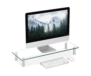 Relaxdays Glass Display Stand, TV Pedestal, Notebook Riser, Height-Adjustable 9-11 cm, W x D: 70 x 24 cm, Clear, Stainless Steel, Aluminum, Pack of 1