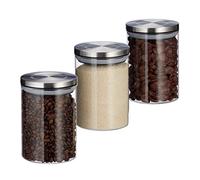 Relaxdays Glass Jar Set of 3, 600 ml, Airtight, Stainless Steel Lids, for Coffee, Tea, Sugar, Kitchen Jars, Transparent