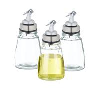 Relaxdays Glass Oil Bottles, Set of 3, Vinegar Dispenser, Airtight, Drip-Free Stainless Steel Pourer, Refillable, Clear, Transparent, Silver, Black, 14 x 7 cm