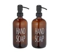 Relaxdays Glass Soap Dispenser, Set of 2, Stainless Steel Pump Head, Refillable, Bathroom, Kitchen, 500 ml, Brown