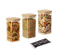 Relaxdays Glass Storage Jars 3-Pack with Bamboo Lids, Airtight, Square, 1500 ml, Transparent/Natural, 21x10x10 cm
