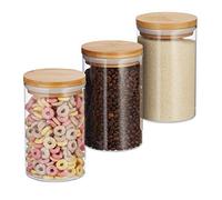 Relaxdays Glass Storage Jars, Set Of 3, Pasta, Coffee, Tea Or Biscuit Jar, 800 ml, HxD 16x9.5 cm, Bamboo, Natural