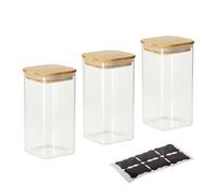 Relaxdays glass storage jars with bamboo lids, 3-pack, square, 1500 ml, airtight, transparent/natural