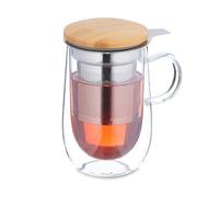 Relaxdays Glass Tea Mug, with Stainless Steel Strainer, Bamboo Lid, Handle, 430 ml, Double-Walled Teacup, Clear/Natural