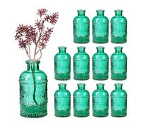 Relaxdays Glass Vase, Set of 12, for Table, Vintage Design, H: 13x6 cm, Decorative Mini Bottles for Flowers, Green