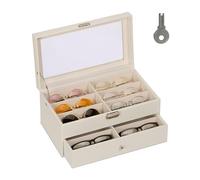 Relaxdays Glasses Box, 12 Pairs Case, Leather Look, Velvet Cover, White | Transparent Window, HWD 15.5 x 33.5 x 19.5 cm