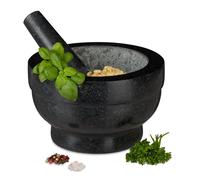 Relaxdays Mortar with Pestle, Spices, Herbs, Polished Stone Mortar, Ø 20 cm, Vol. 1 L, Granite, Black