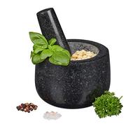 Relaxdays Granite Pestle and Mortar, Durable and Hardwearing, Cooking Set for Grinding Herbs and Spices, Ø 12 cm, Black
