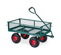 Relaxdays Heavy-Duty Cart, Practical Garden Trolley, Pneumatic Wheels, Fold Down Sides, up to 200 kg, Steel, Green/Red