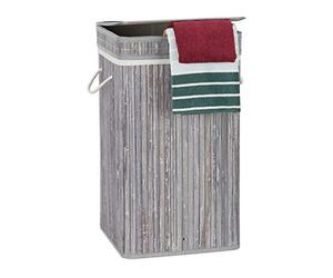 Relaxdays Grey Bamboo Pop-Up Laundry Hamper, Handle, Portable, 70 L Load, Square Laundry Bag, HxØ: 63 x 36 cm