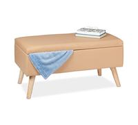 Relaxdays Hallway Storage Bench, 40L, Padded Faux Leather Trunk, Wooden Legs, HxWxD: 40 x 80 x 39.5 cm, Beige, Fibreboard