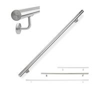 Relaxdays Handrail 304 Stainless Steel Matt Round Stair Railing Silver | Indoor and outdoor use, 150 cm, diameter 42 mm, with holder