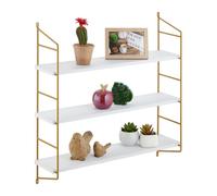 Relaxdays Wall Shelf, HxWxD: 60 x 60 x 15 cm, Suspended 3 Shelves, MDF & Iron, Hanging, Living Room, White/Gold, Fibreboard, 60x60x15 cm