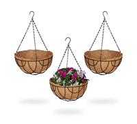 Relaxdays Hanging Basket, Set of 3, Hook, Coconut Fibre Liner, H x D: 50 x 31 cm, Metal, Brown/Black