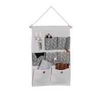 Relaxdays Hanging Organiser, 7 Compartments, 2 Hooks, Cotton, HxW: 60x39 cm, Wall, Bathroom, Hallway, Office, Creme/Grey