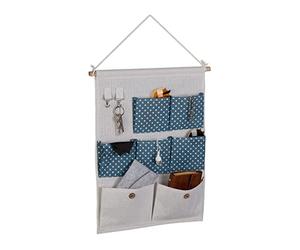 Relaxdays Hanging Organiser, 7 Compartments, 2 Hooks, Cotton, HxW: 60x39 cm, Wall, Bathroom, Hallway, Office, Creme/Blue