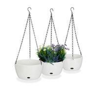 Relaxdays Set of 3 Hanging Baskets with Water Reservoir, in Three Sizes, Out- & Indoor, Suspended Pot, Plastic, White