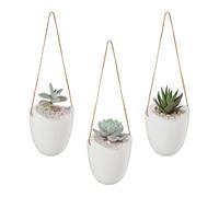 Relaxdays Wall Vase Set of 3, Hanging Pot Inside, Cord for Suspension, for Plants & Flowers, Ceramic, 36x11x9.5cm, White