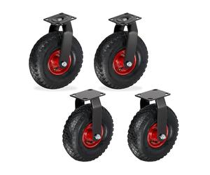 Relaxdays Heavy-Duty Pneumatic Casters, 120kg Load, Fixed & Swivel, 3.00-4 Wheels, Black/Red, 27x26x13.5cm