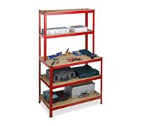 Relaxdays Heavy Duty Shelving Unit with Workbench, Load 900 kg, 5 Levels, for Pluging, Basement, 180 x 100 x 60 cm, Steel, MDF, Red, 1 Piece