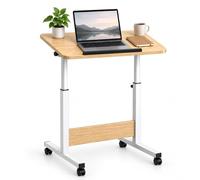 Relaxdays Height-Adjustable Laptop Table, 67-90 cm, White/Natural | tilting, castors, C-shape, MDF, metal, laptop desk for sofa, armchair & bed, computer table
