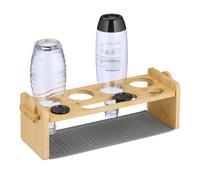 Relaxdays Holder for 4 Bottles, Compatable with Sodastream, Bamboo, Drying Rack with Silicone Drip Tray, Natural/Grey