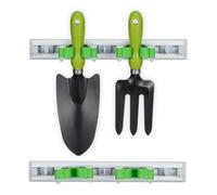 Relaxdays Holder Wall Bracket, Set of 2, Broom Storage with Hooks, 2 Clamps Each for Garden Tools, Silver/Green, 4 x 30 x 5 cm