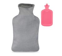 Relaxdays Hot Water Bottle, 2 Litre, with Cover, Children & Adults, Rubber, with Screw Cap, Pain Relief, Pink/Grey, Fleece, Plastic, 36 x 19.5 x 5 cm