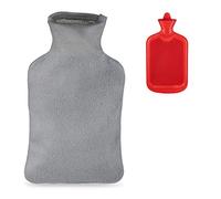 Relaxdays Hot Water Bottle with Fleece Cover, Durable, 1.5L Bed Warmer, Odourless Natural Rubber, 35x19x4.5 cm, Red/Grey