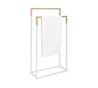 Relaxdays, HxWxD: 84.5 x 45 x 21 cm, metal, bamboo, 2 bars, standing towel rack, white/natural, Iron