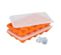 Relaxdays Ice Cube Tray, Set of 2, Reusable, Silicone Mould, 15 Diamond Shapes, Freezer, with Lid, Orange/Transparent, 3 x 20.5 x 12.5 cm