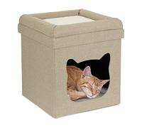 Relaxdays Indoor Cat Cave, Sleeping Den for Kittens, Kitty Box 2 Tiers, Foldable, HxWxD: 44 x 40 x 40 cm, Brown/White