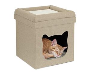 Relaxdays Indoor Cat Cave, Sleeping Den for Kittens, Kitty Box 2 Tiers, Foldable, HxWxD: 44 x 40 x 40 cm, Brown/White