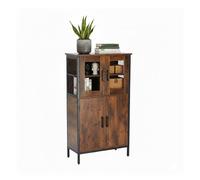Relaxdays Industrial Kitchen Cupboard, Tall Unit with Glass Doors HWD 108x60x30 cm, Slim Display Unit, Wood Look, Brown