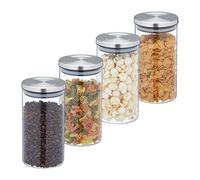 Relaxdays Jars in Set of 4, 1000 ml Capacity, Steel Airtight Lids, Dry Food Storage, Glass, Transparent/Silver