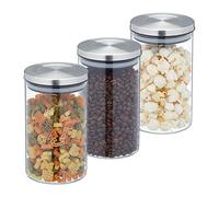 Relaxdays Jars in Set of Three, Bamboo Airtight Lids, 800ml Each, Dry Food Storage, Glass, Transparent/Brown, 16 x 9.5