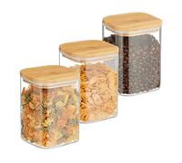 Relaxdays Jars with Bamboo Lids, Set of 3, Square, 900 ml Each, Dry Food Storage, Glass, Transparent/Natural, 13,5 x 10 x 10 cm