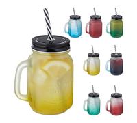 Relaxdays Jars, with Lid and Straw, Set of 8, 400 ml, Frosted Look, Drinking Cups with Handle, Colourful/Black, 14 x 11 x 8 cm