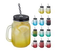 Relaxdays Jars, with Lid & Straw, Set of 12, 400 ml, Frosted Look, Drinking Glass with Handle, Colourful/Black, 14 x 11 x 8 cm