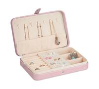 Relaxdays Jewellery Case, Small Box, Storage for Rings & Necklaces, for Travelling, HWD: 4.5 x 21 x 14.5 cm, Pink, Fibreboard, Velvet, Plastic