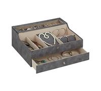 Relaxdays Jewellery Organiser with Lid, Leather Look, Velvet, Jewelry Box for Ladies & Gents, HWD: 13 x 34 x 31cm, Grey