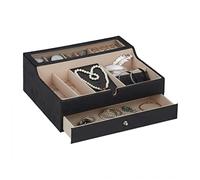Relaxdays Jewellery Organiser with Lid, Leather Look, Velvet, Jewelry Box for Ladies & Gents, HWD: 13 x 34 x 31cm, Black