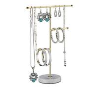 Relaxdays Jewellery Stand, Chains, Earrings, Bracelets, 3 Metal Bars, H x W x D 26 x 19 x 8 cm, Iron, Marble, White/Gold