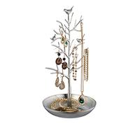Relaxdays Jewellery Tree, Stand with Tray, H x W x D: approx. 30 x 16 x 15 cm, Metal, Silver