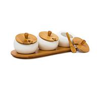 Relaxdays Jiao Jars Made of Ceramics with Bamboo Lid and Holder, Spice Storage Solution Kitchen Stand Decorative Chinese Style with Matching Spoons, Natural, 30.5 x 12 x 8.5 cm