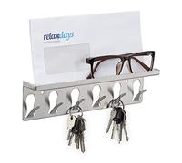 Relaxdays Key Holder, Board, with Shelf, 6 Hooks, Modern Design, HxWxD: 7 x 24.5 x 5 cm, Home, Decoration, Wall, Silver, Stainless steel